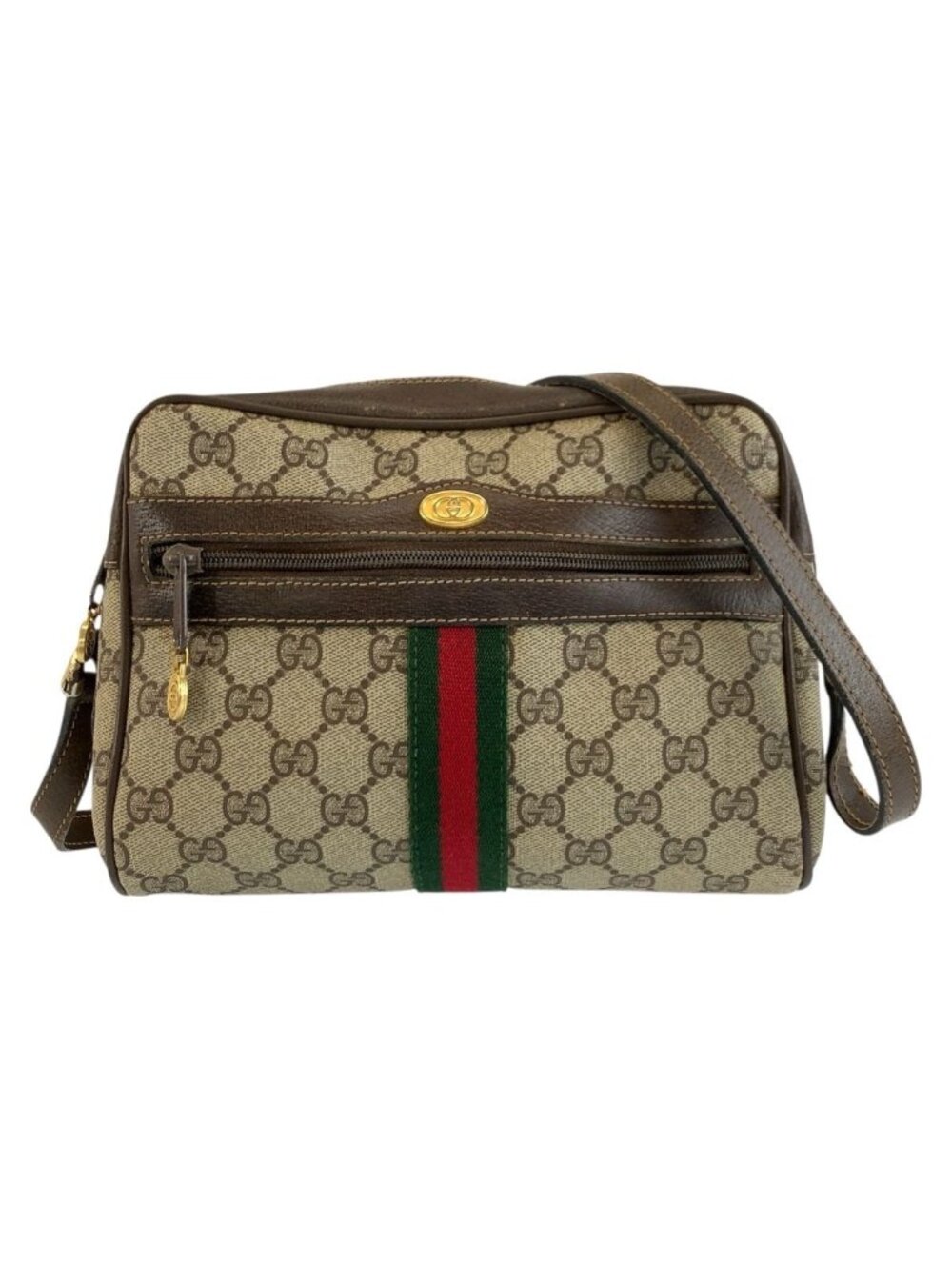 Gucci Vintage Sherry Line Beige Brown GG Supreme Canvas Shoulder Bag Pochette